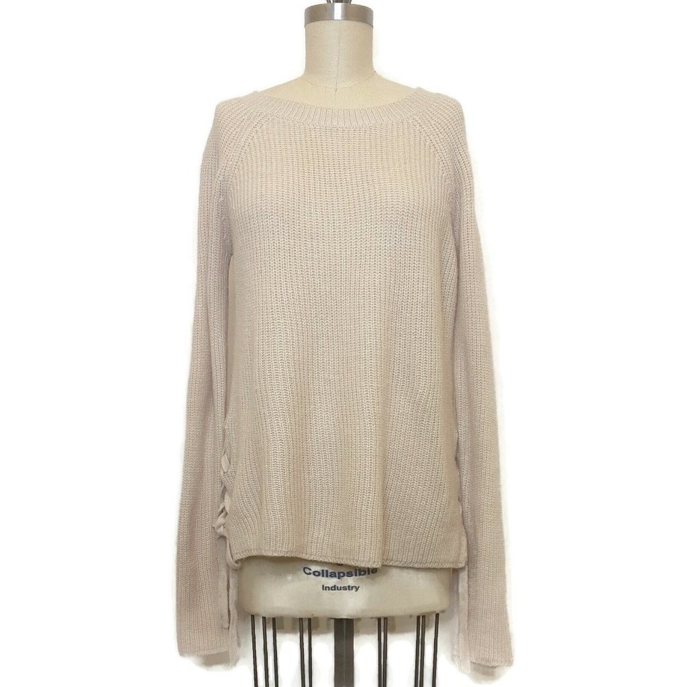 Staccato Pullover Sweater Medium Oatmeal Tan Long Sleeve Lace Up Sides